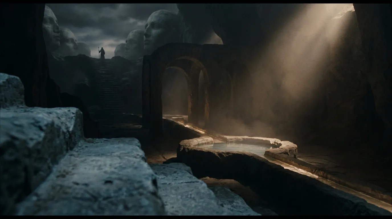 A walled stone basin gathers a single still pool beneath a fixed shaft of light, while narrow water channels carry the same reflected brightness through repeating arches into distant chambers.