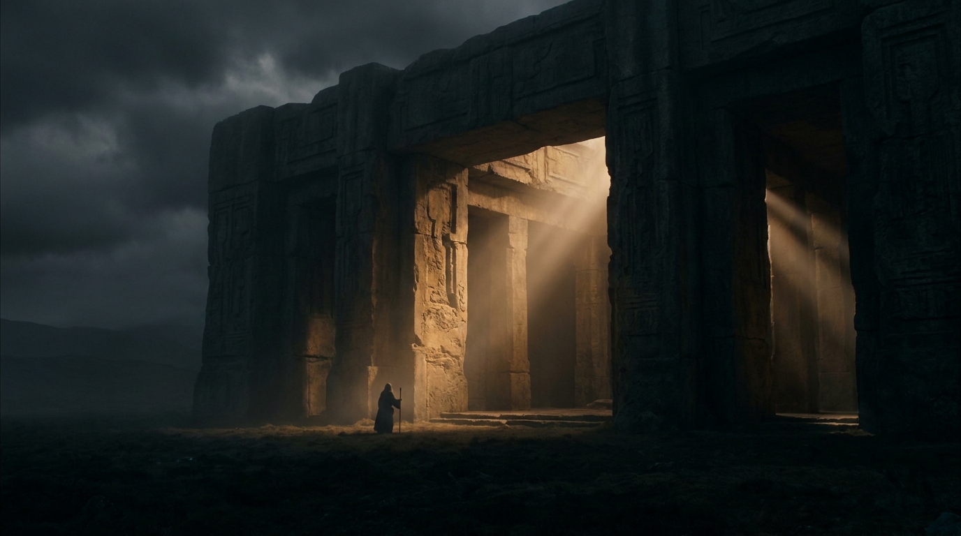 A monumental stone hall with a fixed outer arcade opens into a deep, faceted inner court where shafts of light continuously gather, divide, and redirect through each adjoining chamber.