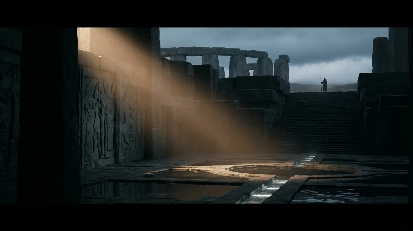 A vast stone courtyard, once lined with still reflecting pools, opens into a sequence of illuminated channels where water gathers, changes course, and reaches each approaching threshold differently.