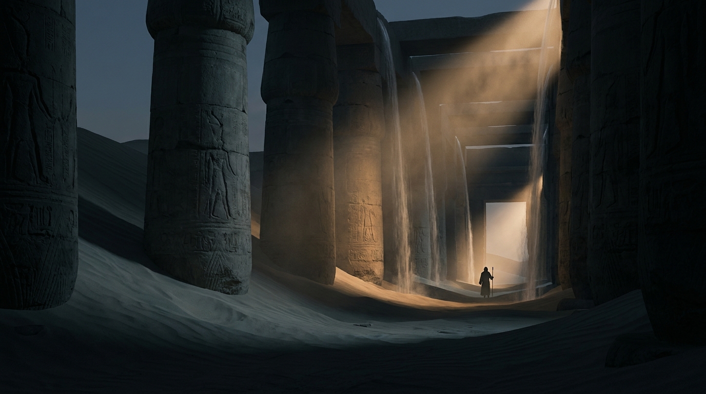A straight stone passage toward a bright opening is repeatedly interrupted by thin falling sheets of water, each catching the light and concealing the next threshold.