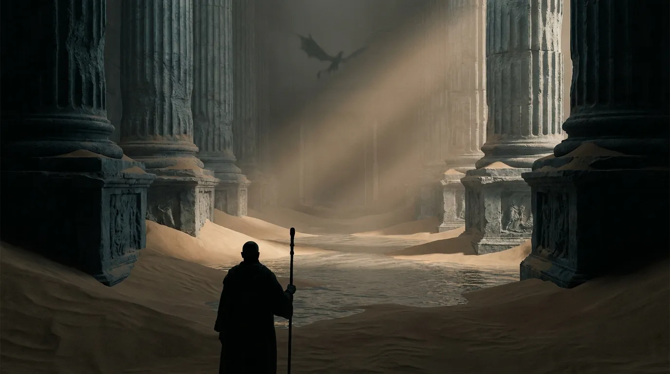 A vast stone passage is interrupted by shallow sheets of water and shifting bands of light, so that the clear central route is repeatedly delayed, obscured, and made to wait behind ornamental movement.