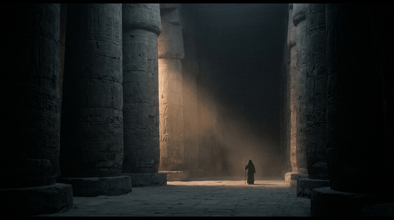A vast stone chamber of flawless, ornate surfaces remains cold and dim, while a single narrow passage of rough-hewn stone gathers warm light into an intimate, resonant space.