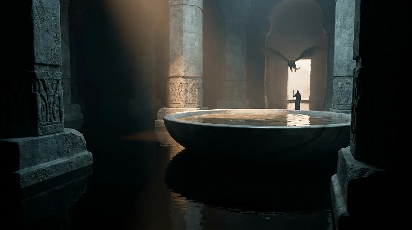 A vast, brilliantly lit stone basin with polished walls holds only a thin, wavering layer of water, while a small shadowed recess gathers a clear, deep pool.