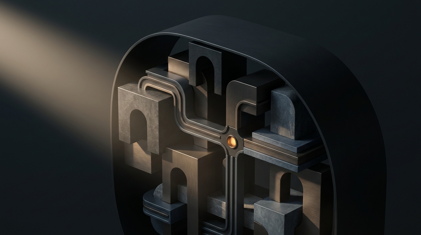 An editorial, architectural illustration of a website interface evolving into a connected intelligence system: structured content nodes, customer intent paths and operational workflows beneath a restrained branded surface.