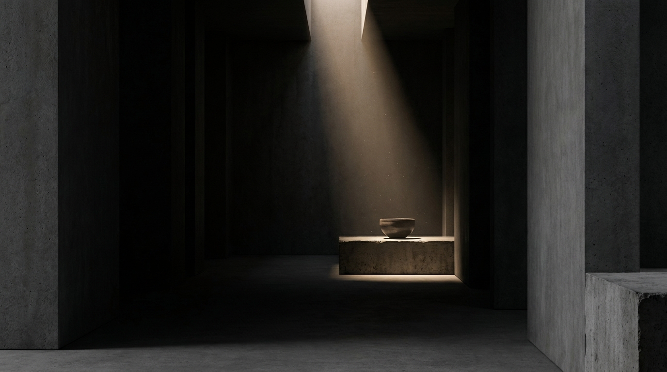 A single object alone in a shaft of light inside a vast concrete interior.